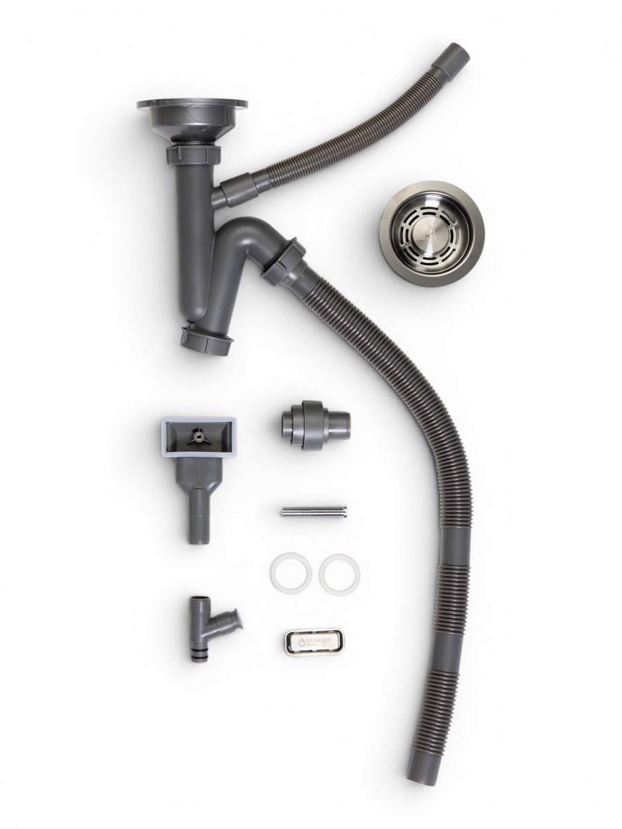 Сифон Grandex Aqua Optima, Comfort с выпуском и переливом, цвет Anthracite